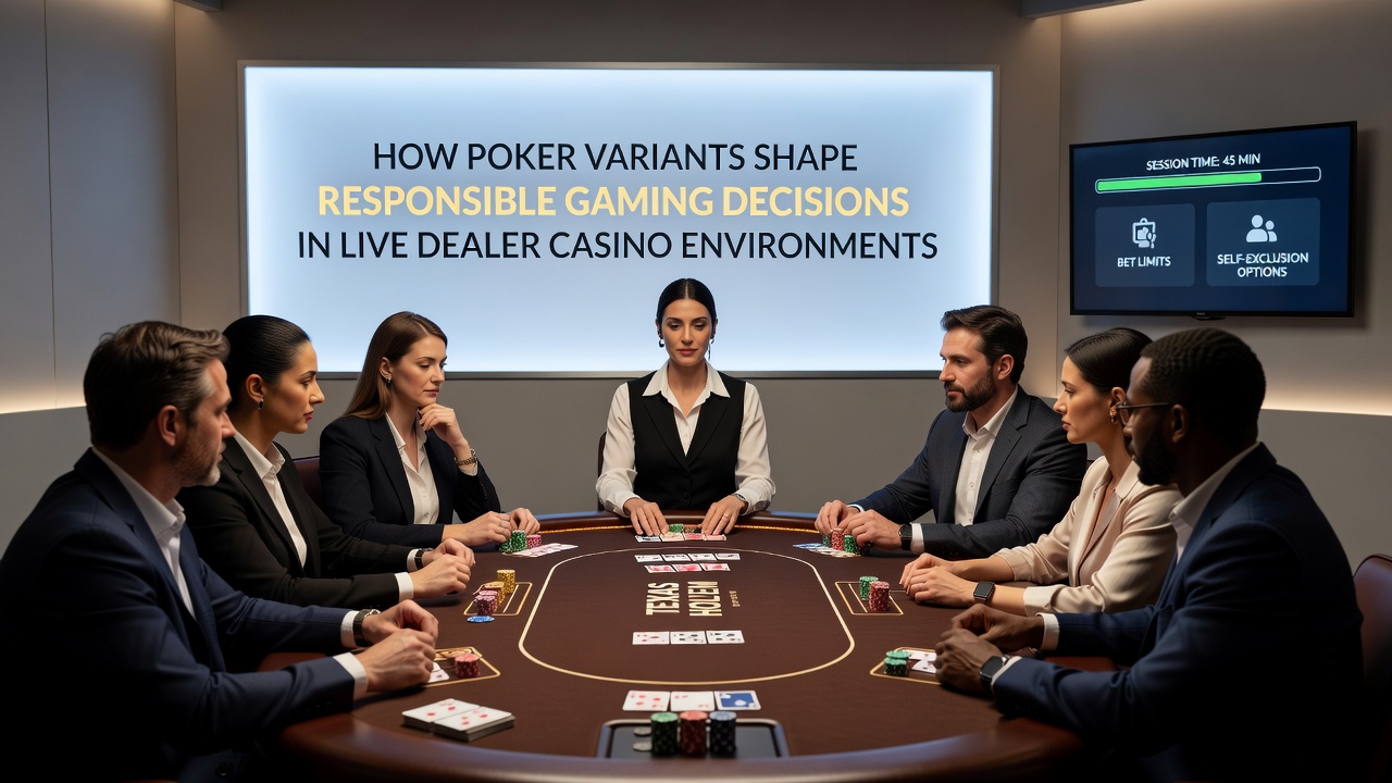 Close-up of a live dealer managing cards while players review account limit settings on adjacent screens