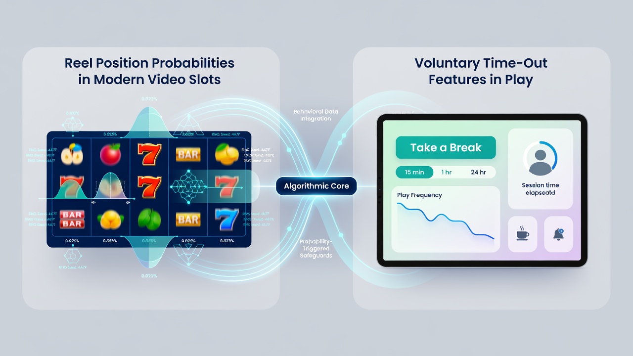 Player account dashboard displaying time-out settings alongside slot session statistics and reel probability summaries